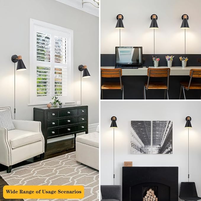 Black Plug in Wall Sconces Set of 2, Modern Bedroom Wall Light with on/off Cord, Wooden Plug Sconce with Hammered Metal Shade, Corded Wall Sconce Light for Decor Bedroom, Living Room, Hallway
