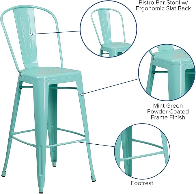Flash Furniture Commercial Grade 30" High Mint Green Metal Indoor-Outdoor Barstool with Back