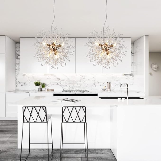 Firework Crystal Chandeliers, 8-Light Gold Dandelion Chandelier Lighting, 15.7" Stainless Steel Small Sputnik Chandelier Lights for Kitchen Island Bedroom