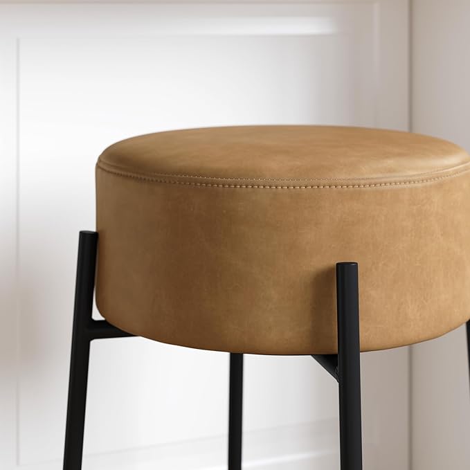 Nathan James Isaac 24" Modern Backless Bar Stool with Round Soft Padded Upholstered Seat and Metal Mid-Century Base, PU Light Brown/Black, Set of 2