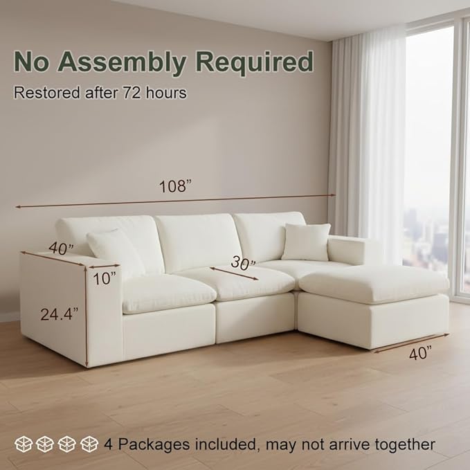 Nigoone 108" Sectional Couches for Living Room, Modular Cloud Sofa with Ottoman, Memory Foam Boneless L Shaped Couch, Adjustable Sofa Backrest, 4 Eater, Warm White | Breathable Material, Deep Seat, High-Resilience Foam