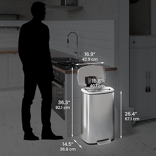 iTouchless SoftStep 13.2 Gallon Step Kitchen Trash Can with Lid and Odor Filter, 50 Liter Trashcan for Home Office Garage Bedroom Bathroom Living Room Silent Lid Close Stainless Steel Slim Wastebasket