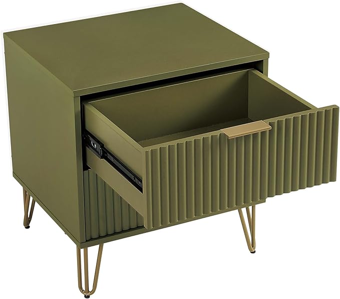 Manhattan Comfort Dumbo Fluted Nightstand with 2 Drawers, Gold Metal Legs and Metal Handles, Snap Tool-Free Assembly, Modern Bedside Accent Table with Storage for Bedroom, Living Room in Olive Green