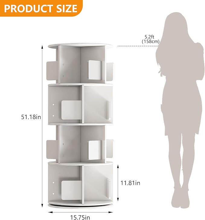 4-Tier Rotating Bookshelf Tower White, Wooden Spinning Bookshelves 360° Rotation Display, Revolving Bookcase Storage Round Carousel, Corner Free Standing Shelf for Kids Book and Toy Storage.