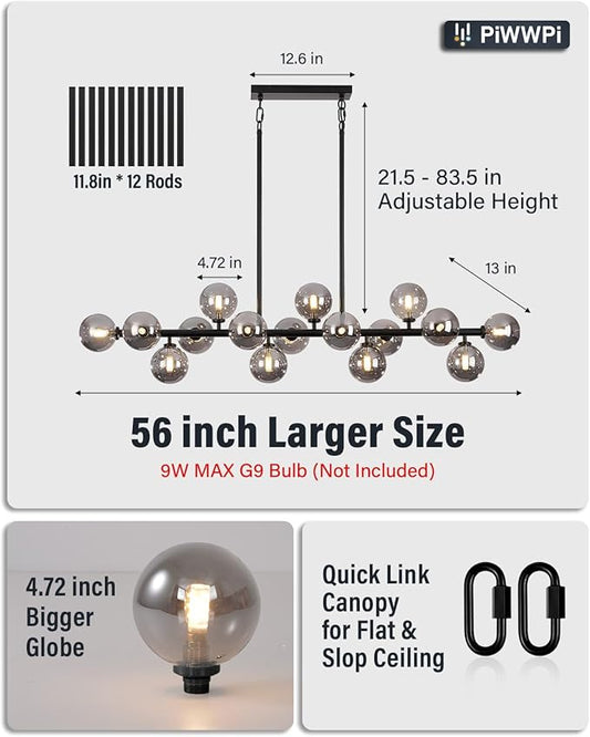 Modern Chandeliers for Dining Room Kitchen Island, 55" Long Large Linear Sputnik Globe Chandelier, 16-Light Mid Century Modern Light Fixture Over Table, Black and Smoke Grey Bubble, GC-08
