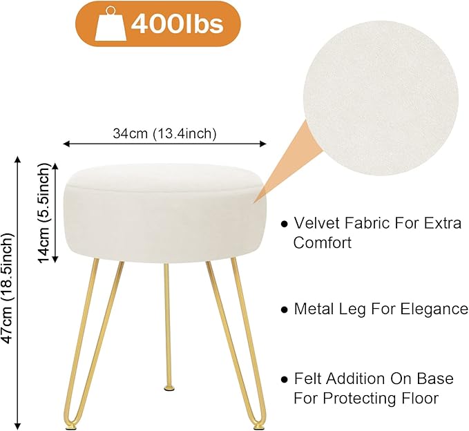 Velvet Soft Modern Vanity Footstool -Round Footrest Stool Ottoman Side Table Seat Dressing with Golden Metal Leg and Sponge Filling,Upholstered Foot Rest,Living Room and Bedroom （Beige）