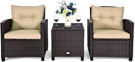 AUGESTER 3 PCS Patio Furniture Set, Outdoor PE Rattan Wicker Conversation Sofa Set w/Washable Cushion and Tempered Glass Tabletop, All Weather Chat Sofa for Garden Poolside Balcony Porch (Beige)