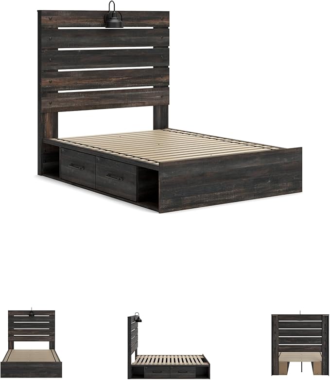 Signature Design by Ashley Drystan Rustic Full Panel Platform Bed with 4 Storage Drawers, Open Cubbies, Sconce LED Light and USB Ports, Foundation or Box Spring Not Needed, Dark Brown & Gray