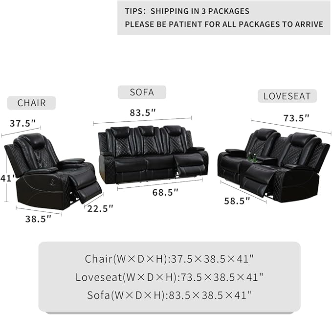 Power Reclining Sofa Set, Living Room Furniture Sets, Breathing Leather Black Sofa Power Recliner Sofa Couch and Chair with 3 Recliner Seats/Storage Console/LED Light for Living Room