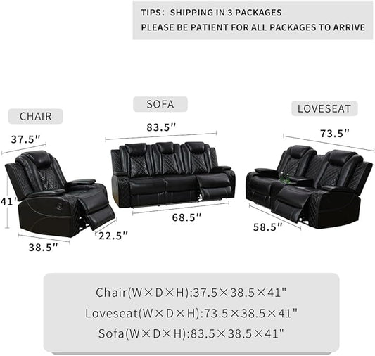 Power Leather Recliner Sofa Set with LED Light, Living Room Furniture Sets, Black Breathing Leather Power Reclining Sofa Couch with 2 Recliner Seats/Storage Console/USB Port for Living Room
