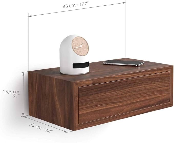 Mobili Fiver, Riccardo Floating nightstand, Walnut, 17.7" x 9.8" x 6.1 ", Melamine-Finished, Modern Bedside Table, End Table, Italian Furniture