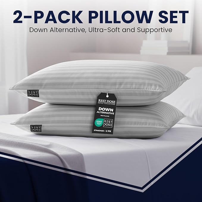 Bed Pillows for Sleeping, Set of 2 – Cooling, Hotel Quality with Soft Down Alternative Fill for Back, Stomach & Side Sleepers | White Striped Standard