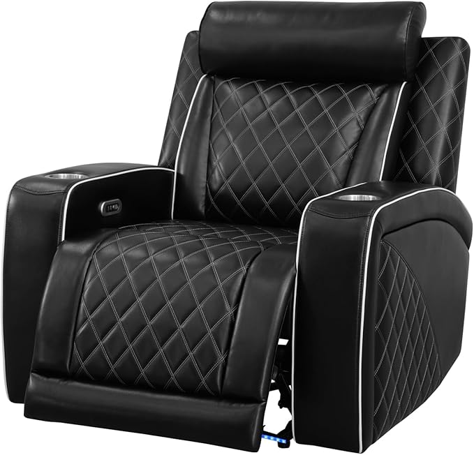 Breathing Leather Power Reclining Chair, Leather Reclining Sofa Couch Chair for Living Room, Single Recliner with USB Ports/LED Lighting for Bedroom/Office/Home Theater (Black New, Recliner Chair)