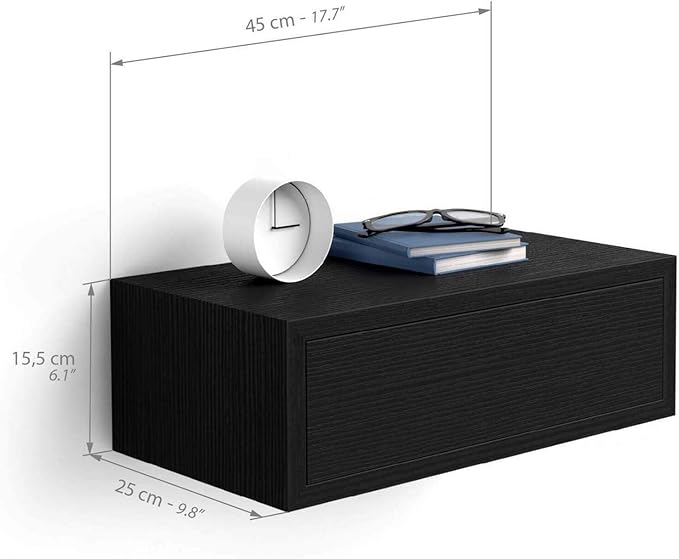 Mobili Fiver, Riccardo Floating nightstand, Ashwood Black, 17.7" x 9.8" x 6.1 ", Melamine-Finished, Modern Bedside Table, End Table, Italian Furniture