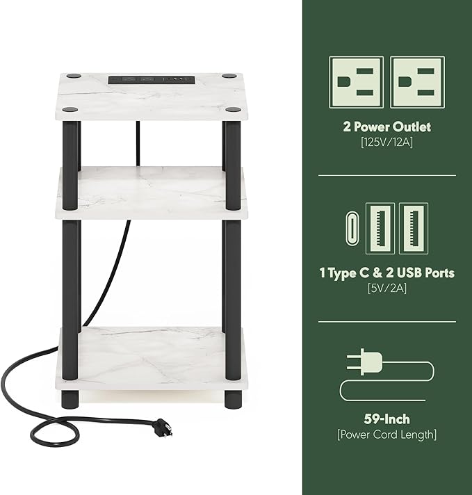 Furinno JUST Side Table Set of 2, 3-Tier Modern End Table with Charging Station, Open Shelf Night Stand, Bedside Table with USB and Type-C Charging Port, for Living Room, Bedroom, Marble White