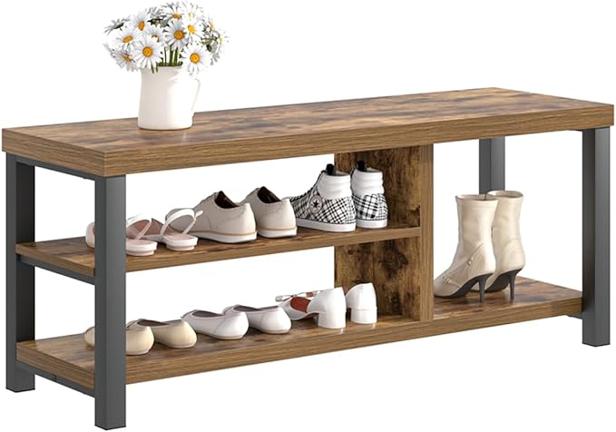 EXCEFUR Shoe Bench, Modern Wood Storage Bench for Entryway Hallway, Industrial Indoor Shoe Rack Bench Seat for Living Room Bedroom, 43.3 Inch Rustic Brown