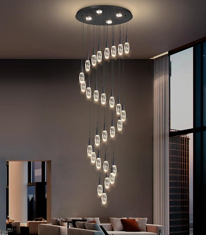 28-Lights 177 Inches Modern Chandelier LED Light Fixtures High Ceiling Long Light Chandelier for Entrance Foyer Dimmable Lights with Remote Living Room Ceiling Pendant Lighting Drop Lights Black