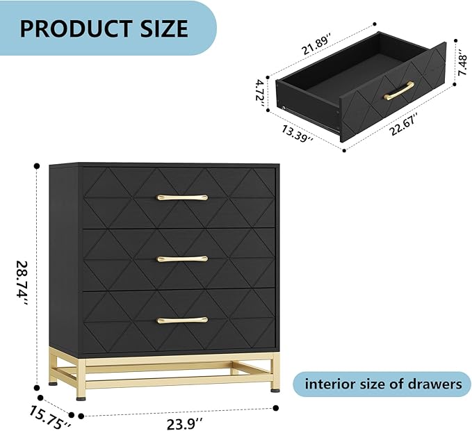 GarveeHome Wooden Dresser for Bedroom, Dressers & Chest of Drawers with 3 Drawer, Wood nightstand for Storage and Organization (Black)