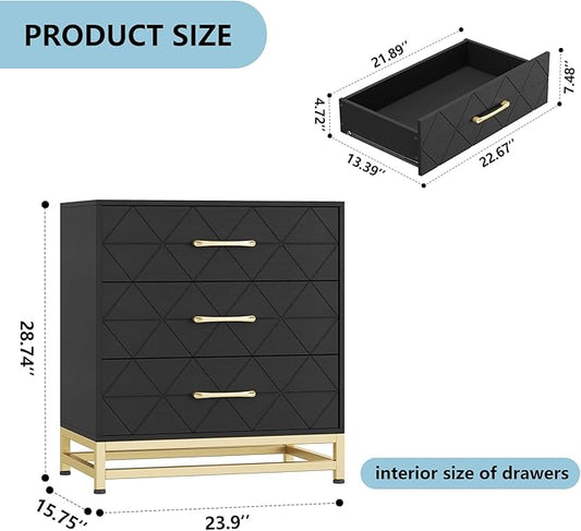 GarveeHome Wooden Dresser for Bedroom, Dressers & Chest of Drawers with 3 Drawer, Wood nightstand for Storage and Organization (Black)