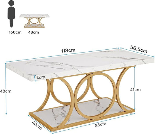 Tribesigns Rectangle Coffee Table, 46.45-inch Modern Coffee Tables for Living Room, 2-Tier Faux Marble Wood Coffee Table with Geometric Legs, Furniture with Storage Shelf (White & Gold)