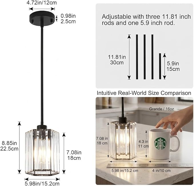 Crystal Pendant Lights for Kitchen Island, Modern Black Kitchen Hanging Pendant Light Fixtures, Black Hexagonal Mini Crystal Chandeliers for Dining Room, Hallway, Foyer, Entryways