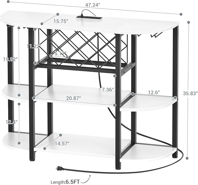 Unikito Bar Table Cabinet with Charging Station,Wine Rack Table with LED Light and Storage, Freestanding Floor Bar Cabinet for Liquor and Glasses for Home Kitchen Dining Room, White