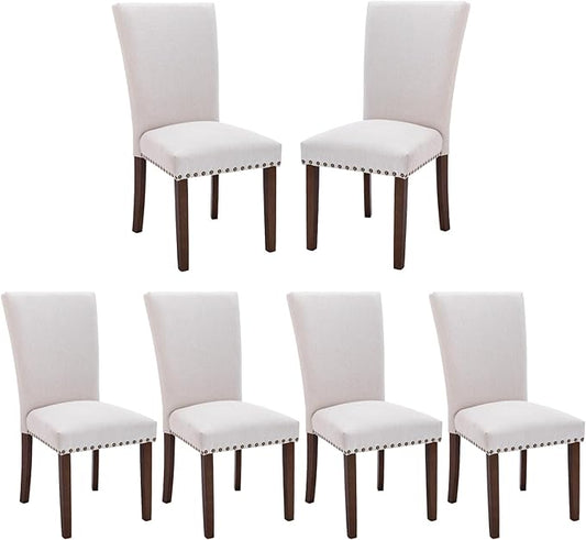 COLAMY Upholstered Dining Chairs Set of 6, Parsons Style Side Chairs with Nailhead Trim and Solid Wood Legs, Comfortable Linen Fabric for Kitchen & Dining Room – Beige