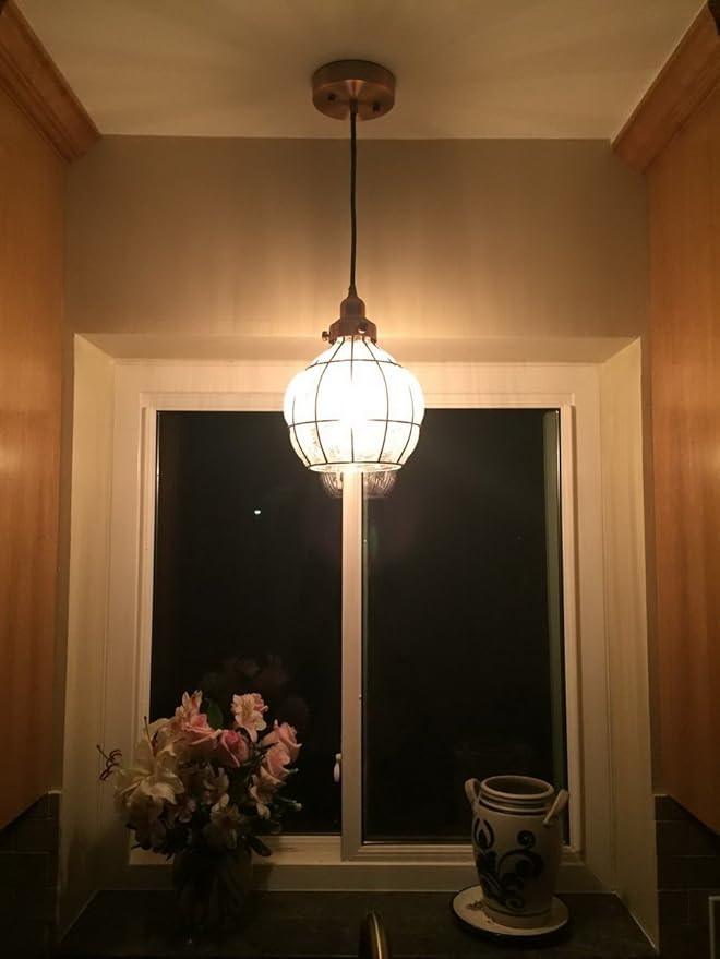 YUBOLE Glass Pendant Light Red Antique Copper Dimmable Kitchen Hanging Light Fixture Cracked Glass Shade Lighting for Dining Table Foyer Bedroom