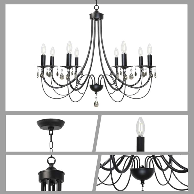 Modern Crystal Chandeliers 8 Lights Black Chandelier Mid Century Ceiling Lighting Dining Room Light Fixtures Elegant Pendant Lighting for Dining Room