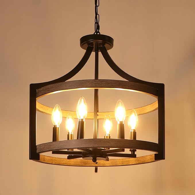 6-Light Farmhouse Chandelier, Rustic Semi Flush Mount Ceiling Light Modern Faux Wood Black Vintage Cage Hanging Pendant Light Fixture for Dining Room Kitchen Foyer Hallway Entryway Bedroom