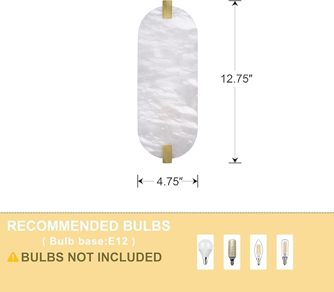 2 Pack 2 Light Oval 12.75" Alabaster Marble Bathroom Wall Sconce Modern Concise Style Wall Light Fixture,Gold Finish for Bedroom Hallway Bedside