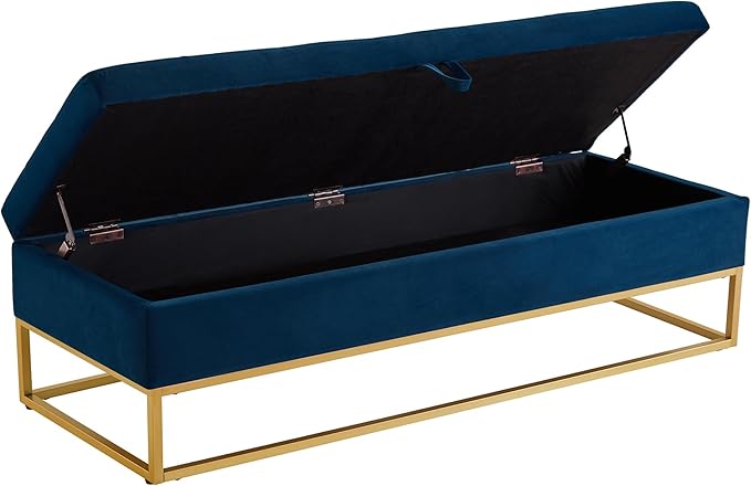 Ball & Cast 58.6" Velvet Storage Ottoman Bench, End of Bed Bench with Safety Hinge and Golden Metal Legs,Morden Entryway Bench,Foot Stool with Button Tufted Cushion for Bedroom,Living Room,Navy Blue