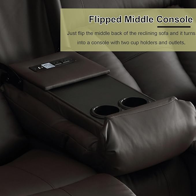 72.8" Manual Reclining Loveseat - Wall Hugger Double Loveseat Recliner with Console, Fold-Down Table and Built-in Outlets, Manual Recliner Chair for Living Room RVs Home Theater (Brown)