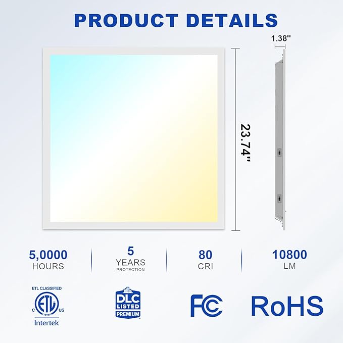 JESLED 2Pack 2x2 led Flat Panel Light, 6000LM, Drop Ceiling Lights Fixture for Office Kitchen Basement Laundry, 15W/20W/25W/30W/40W Selectable, 5CCT Switchable, 0-10V Dimmable, DLC ETL Listed
