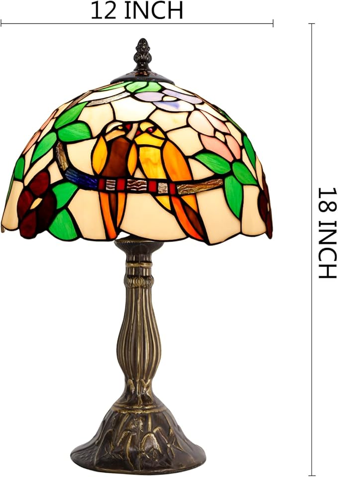 WERFACTORY Tiffany Table Lamp Stained Glass Bedside Lamp Double Tropical Birds Desk Reading Light 12X12X18 Inches Decor Bedroom Living Room Home Office S803 Series