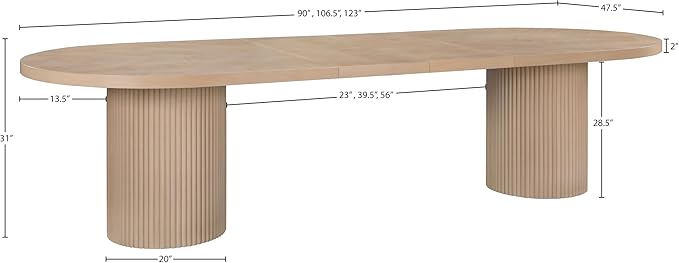 Meridian Furniture 725Oak-T Belinda Collection Mid-Century Modern Solid Wood White Oak Veneer Dining Table, Oval Design, Fluted Bases, 2 Leaves Included, 90"/106.5"/123" W x 47.5" D x 31" H, White