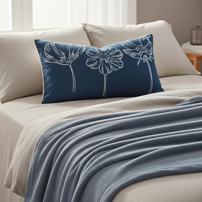 Sunkifover Decorative Floral Lumbar Pillow Cover 12x20 Inch Blue and White Cotton Embroidery Flower Throw Pillowcase Cushion Cover for Bed Bedroom, Living Room, Sofa