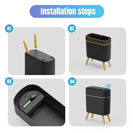 Yatmung 2 Pack - Automatic Bathroom Trash Can with Lid 2.5 Gal Smart Bathroom Trash Can Automatic Touchless - Bedroom, Office, Kitchen, Living Room - Motion Sensor Garbage Can - Black with Gold Legs