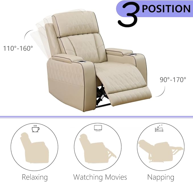 Leather Power Recliner Sofa Set, Living Room Furniture Sets, 2 Piece Reclining Sofa & Chair Set with Cup Holders, Breathing Leather Recliner Couches with Coffee Table for Home/Office, Khaki