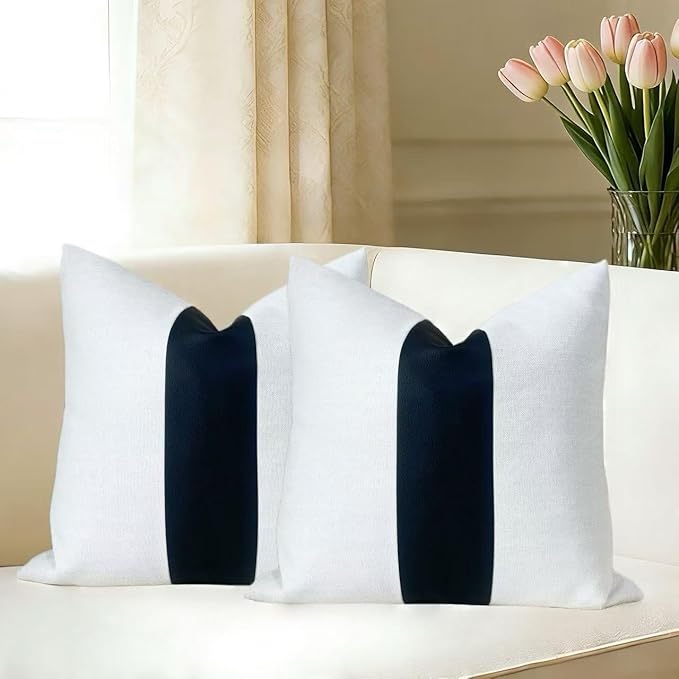 Slow Cow Black Faux Leather and Off White Linen Patchwork Throw Pillow Covers Stripe Cushion Covers 18 x 18 Inches