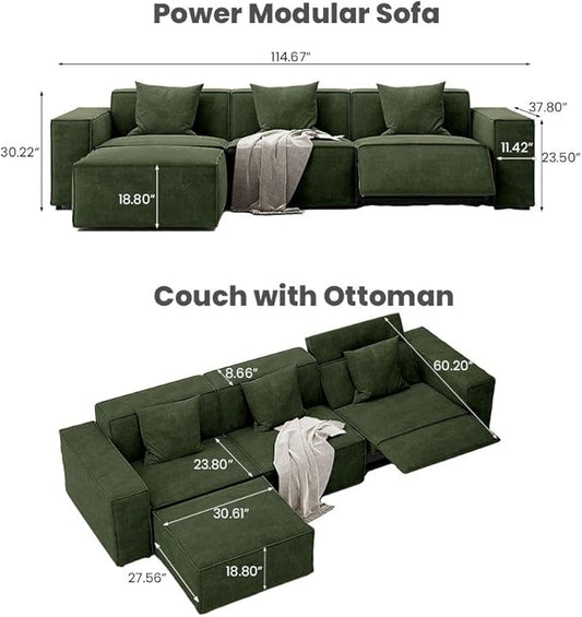 115" Power Sofa,Modular Sectional Couches for Living Room,Modern Large Sofa with Recliners,Comfy Velvet Cloud Couch with Deep Seat with 1 Ottoman,Pet Friendly,Free Combination for Home(Green)