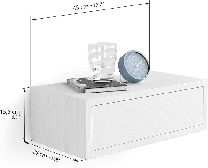 Mobili Fiver, Riccardo Floating nightstand, Ashwood White, 17.7" x 9.8" x 6.1 ", Melamine-Finished, Modern Bedside Table, End Table, Italian Furniture