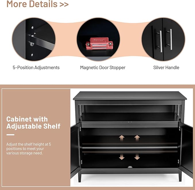 NAFORT Farmhouse Sideboard, Freestanding Buffet Cabinet with Removable Shelf, Anti-Tip Devices, Magnetic Catch, Wood Legs & Adjustable Foot Pads, Large Storage Coffee Bar for Household, Black