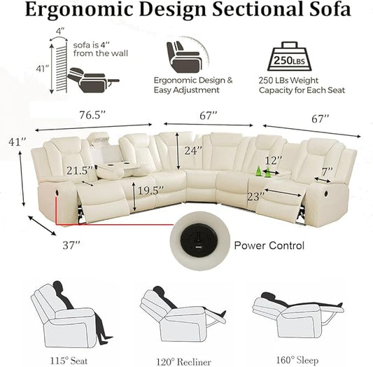 Power Reclining Sectional Sofa with LED, Leather Recliner Couch for Living Room/Home Theater, Sectional Reclining Couches with Wireless Charging/Hide-Away Storage