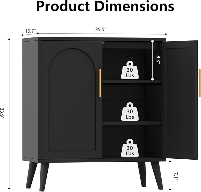 15.7" D Black Buffet Cabinet with Storage, Boho Buffet Sideboard with Adjustable Shelf and Solid Wood Legs, Accent Floor Storage Cabinet for Kitchen, Living Room, Natural