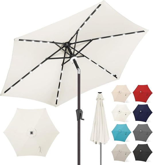 FLAME&SHADE 7.5 FT Solar Light Patio Umbrella, 24 LED Lights Outdoor Umbrella with Centre Surround Light, Table Umbrella Outdoor Patio for Deck, Pool, Backyard, Garden, UV Protection (Ivory)