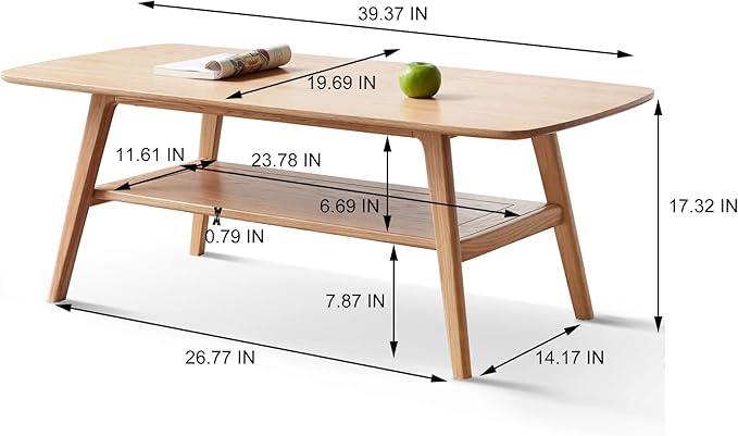 Ball & Cast 39.37" Solid Wood Coffee Table, Mid Century Center Table with Shelf Storage, 2-Tier Small Coffee Table with Rounded Edges for Living Room, Easy to Assemble,Oak