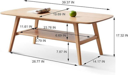 Ball & Cast 39.37" Solid Wood Coffee Table, Mid Century Center Table with Shelf Storage, 2-Tier Small Coffee Table with Rounded Edges for Living Room, Easy to Assemble,Oak