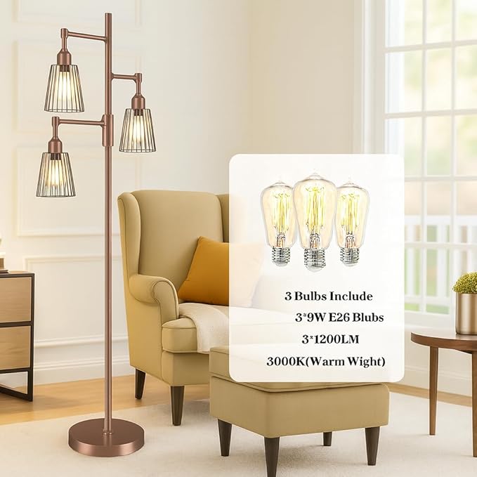 PESRAE Dimmable Industrial Floor Lamp, Farmhouse Floor Lamp Standing Lamp with 3 Elegant Teardrop Cage Heads & Included 3 x 1200LM Edison LED Bulbs, Tall Lamp for Living Room, Bedroom(Brown)