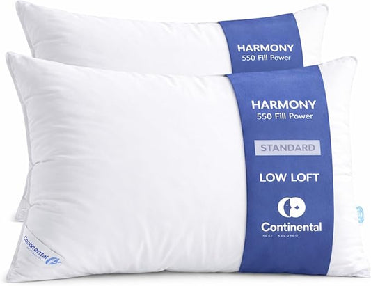 Continental Bedding Harmony White Goose Down Pillow 550 Fill Power Soft Loft 100% Cotton 300 Thread Count Shell Standard Size 2 Pack Made in USA